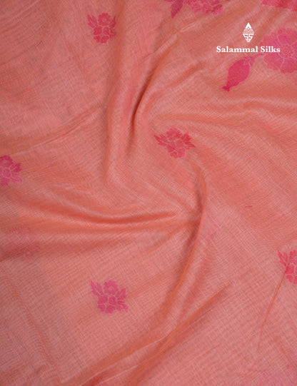 Beautiful Dark Peach Muga Cotton Saree With Contrast Maroon Blouse