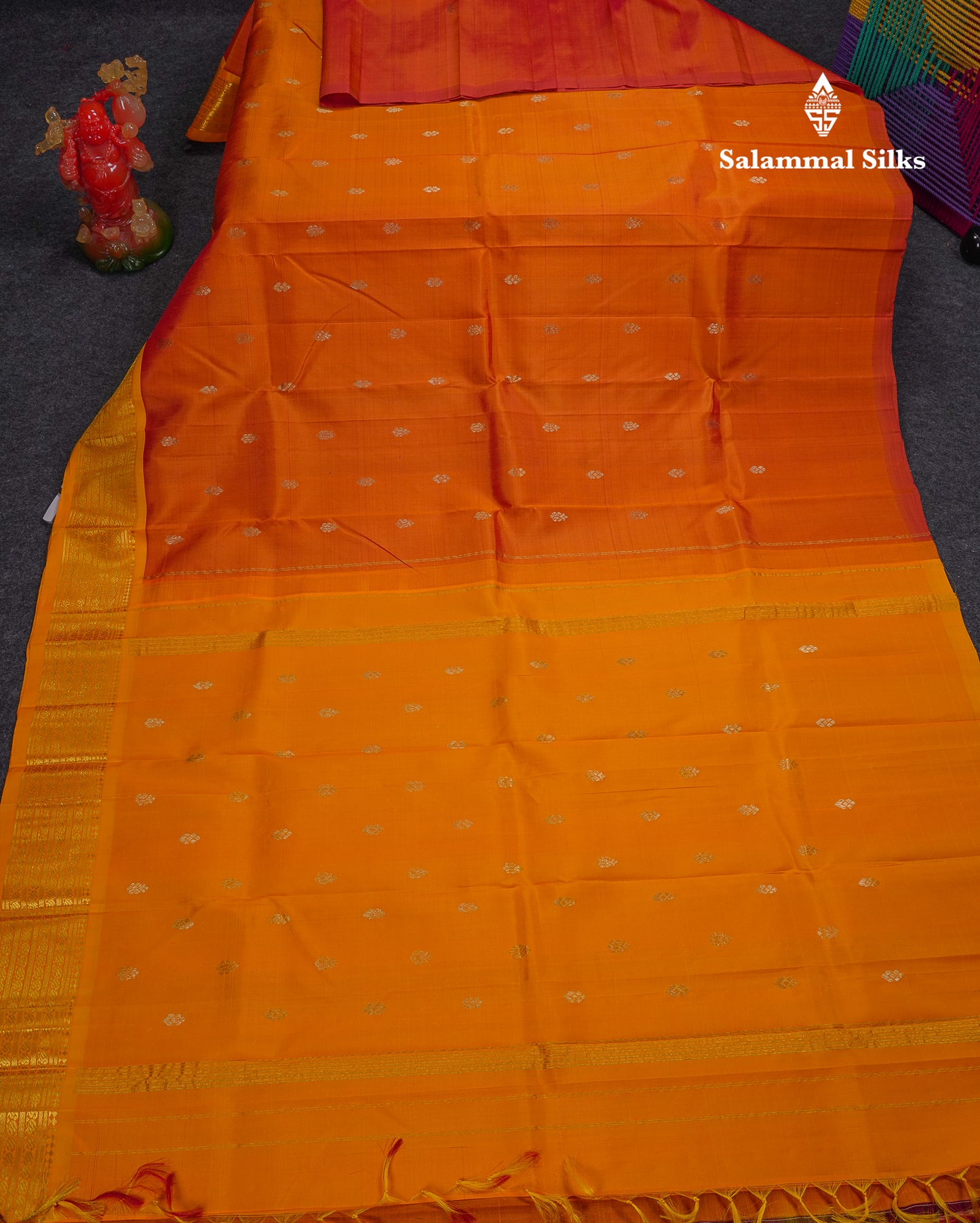 Beautiful Orange Pure Kanjivaram Silk Saree With Contrast Yellow Traditional One Side Border