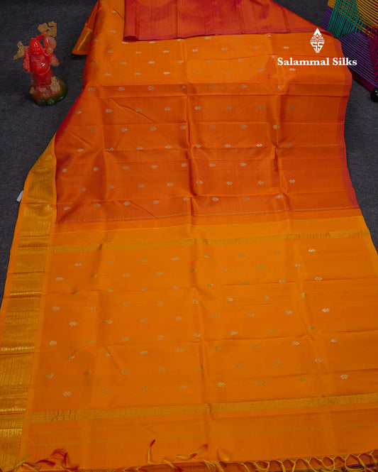 Beautiful Orange Pure Kanjivaram Silk Saree With Contrast Yellow Traditional One Side Border