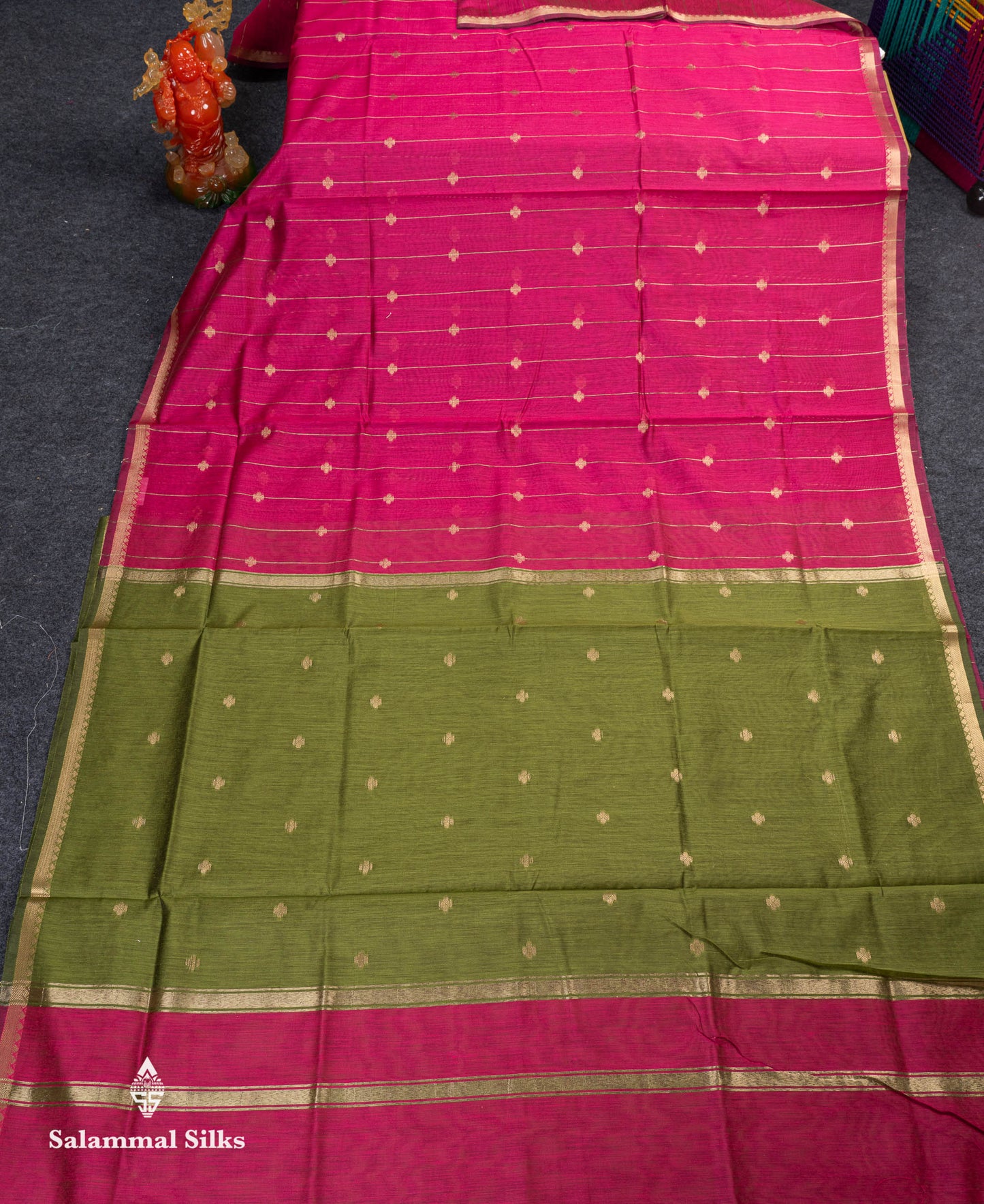 Beautiful Light Grey Stripes With Butta Maheshwar Cotton Saree With Contrast Black Blouse