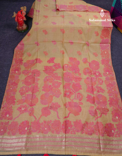 Beautiful Light Yellow Muga Cotton Saree With Contrast Light Red Blouse