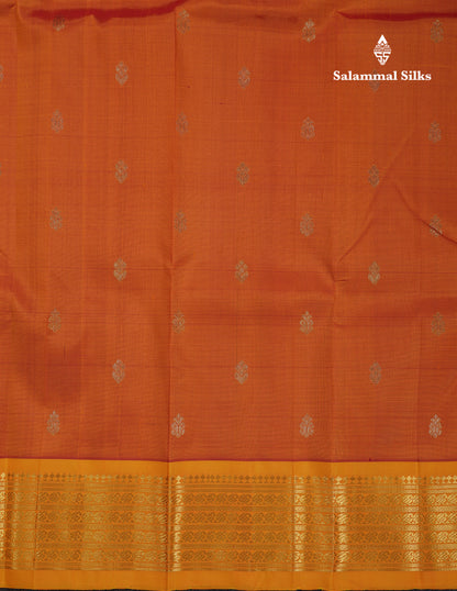 Beautiful Orange Pure Kanjivaram Silk Saree With Contrast Yellow Traditional One Side Border
