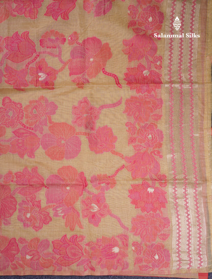 Beautiful Light Yellow Muga Cotton Saree With Contrast Light Red Blouse