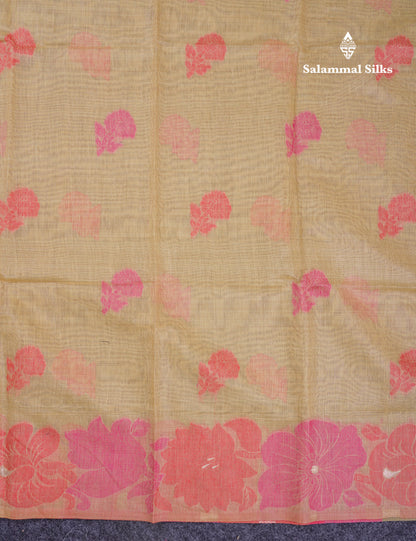 Beautiful Light Yellow Muga Cotton Saree With Contrast Light Red Blouse