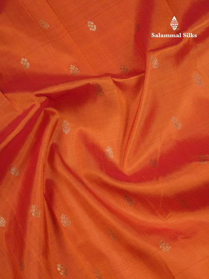 Beautiful Orange Pure Kanjivaram Silk Saree With Contrast Yellow Traditional One Side Border