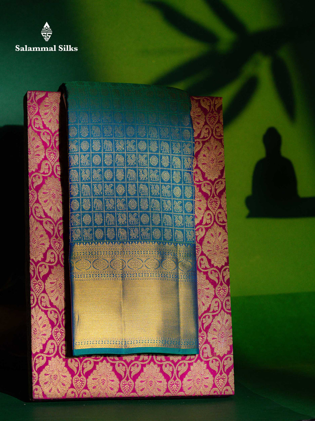 Beautiful Zari Checks With Traditional Butta Dual Tone Peacock Green Bridal Pure Kanjivaram Silk Saree With Blouse