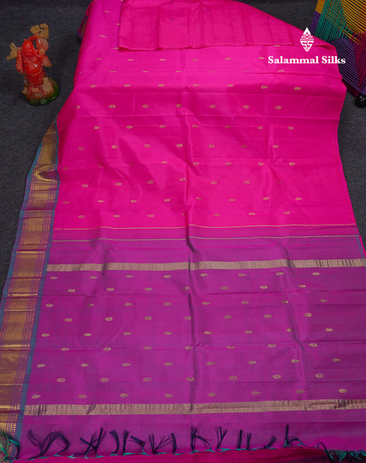 Beautiful Pink Pure Kanjivaram Silk Saree With Contrast Blue Shade Traditional One Side Border