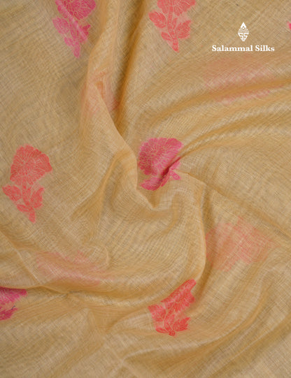 Beautiful Light Yellow Muga Cotton Saree With Contrast Light Red Blouse