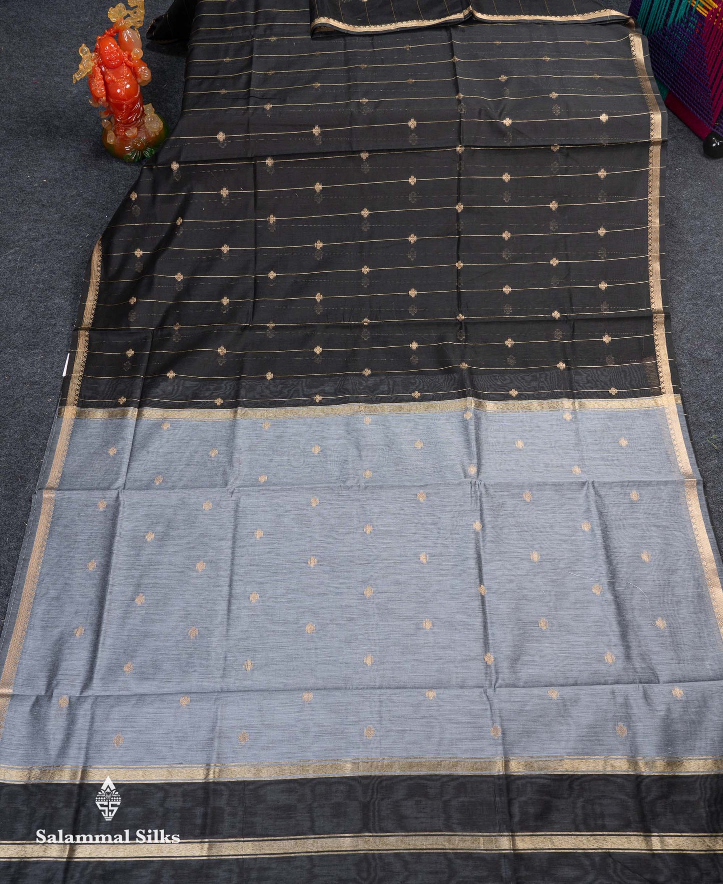 Beautiful Light Grey Stripes With Butta Maheshwar Cotton Saree With Contrast Black Blouse