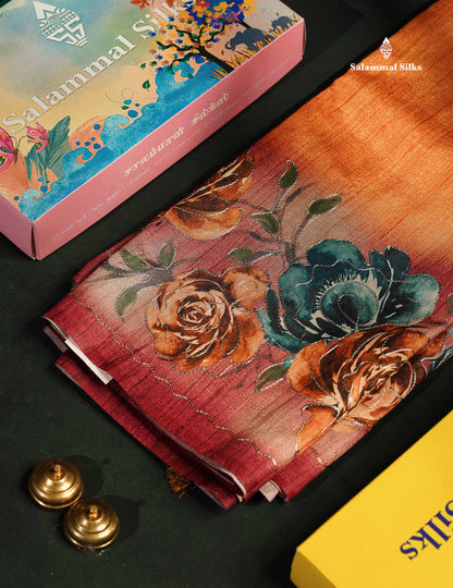 Mustard Yellow Semi Tussar Fancy Saree With Light Maroon Blouse