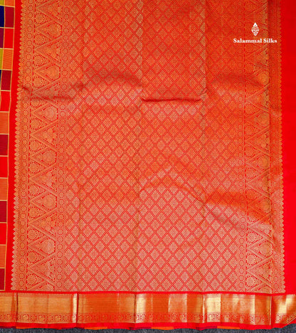 Pure Kanjivaram Silk Saree - Paalum Pazham Checks With Chakaram & Mayil Butta Along With Traditional Border