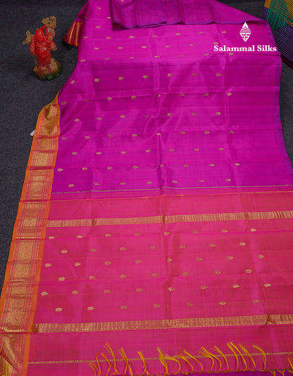Beautiful Purple Pure Kanjivaram Silk Saree With Contrast Mustard Yellow Traditional One Side Border