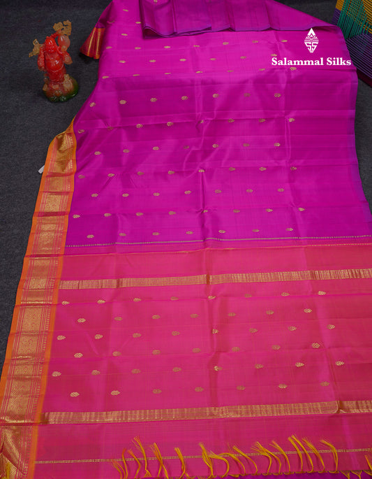 Beautiful Purple Pure Kanjivaram Silk Saree With Contrast Mustard Yellow Traditional One Side Border