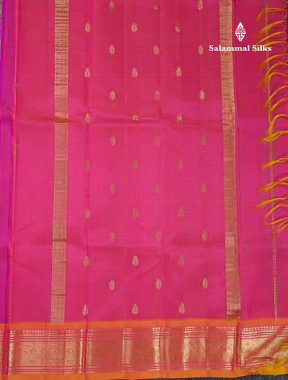 Beautiful Purple Pure Kanjivaram Silk Saree With Contrast Mustard Yellow Traditional One Side Border