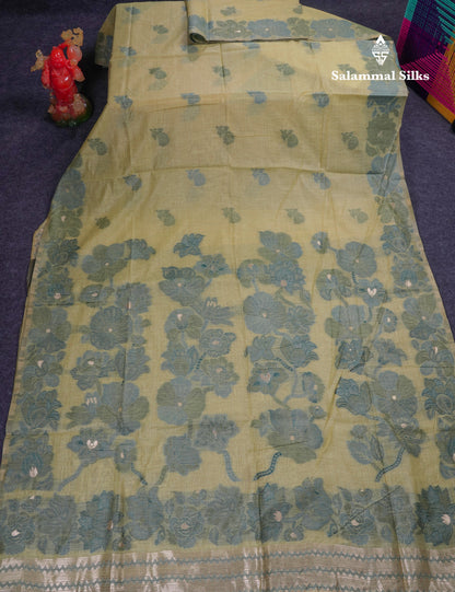 Beautiful Light Yellow Muga Cotton Saree With Contrast Light Red Blouse