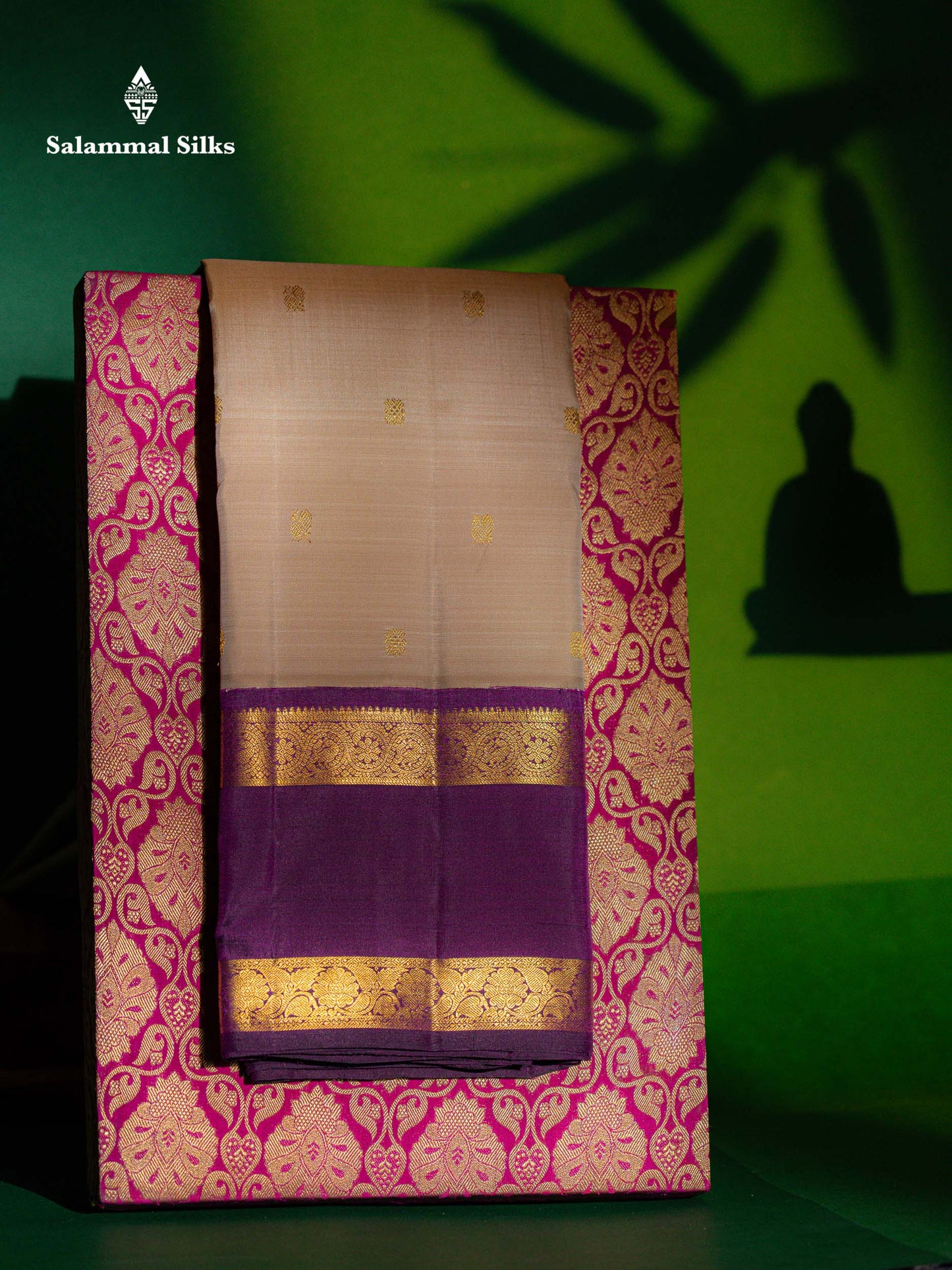 Korvai Beautiful Cream Sandal Pure Kanjivaram Silk Saree Contrast Magenta Traditional Gap Border