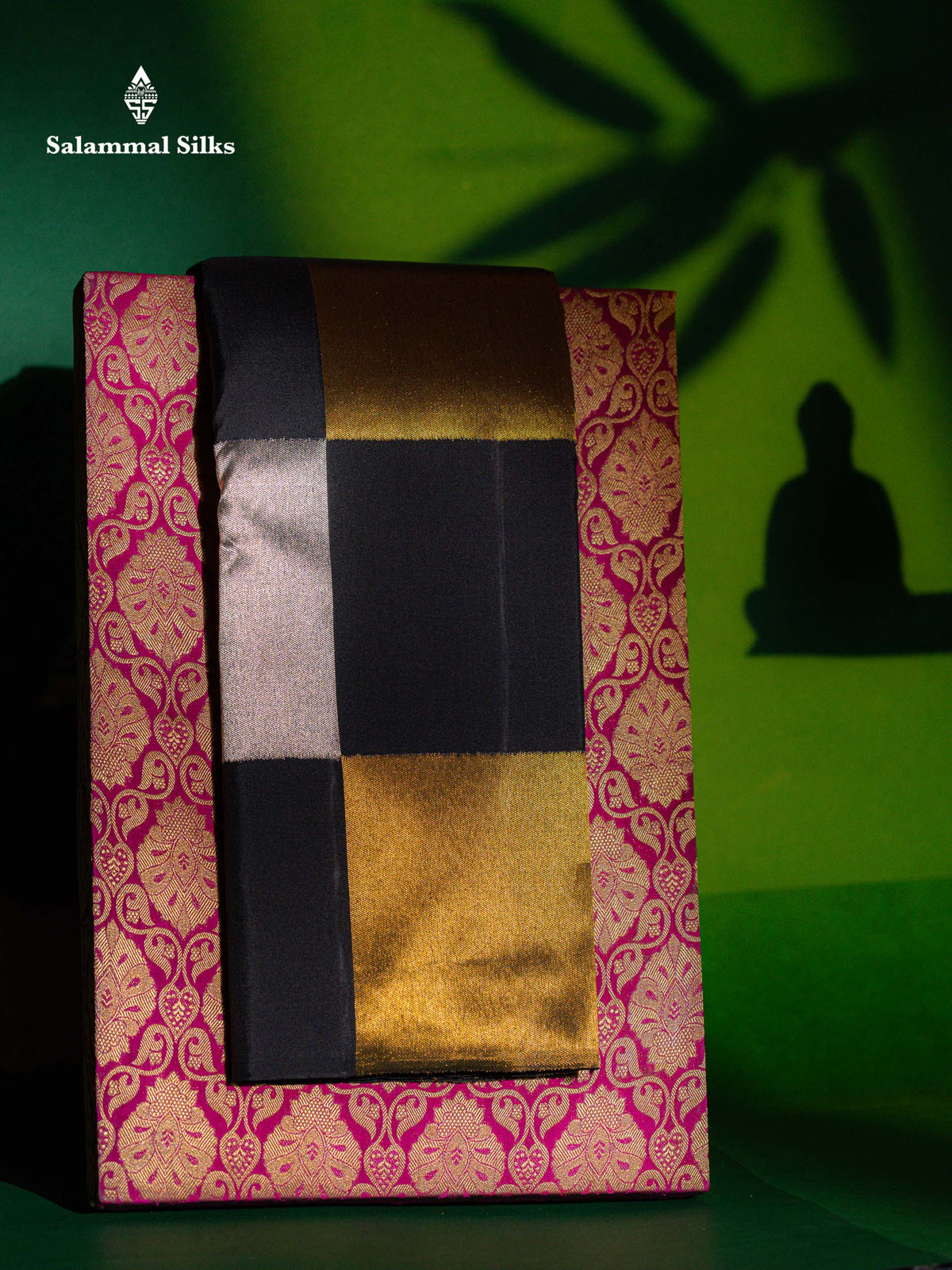 Beautiful Black Gold And Silver Zari 8Kol Fancy Pure Kanjivaram Silk Saree With Blouse