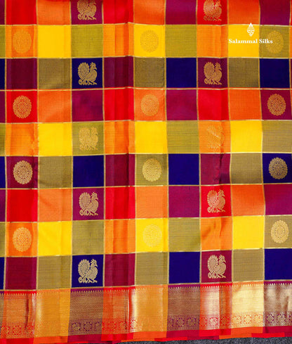 Pure Kanjivaram Silk Saree - Paalum Pazham Checks With Chakaram & Mayil Butta Along With Traditional Border