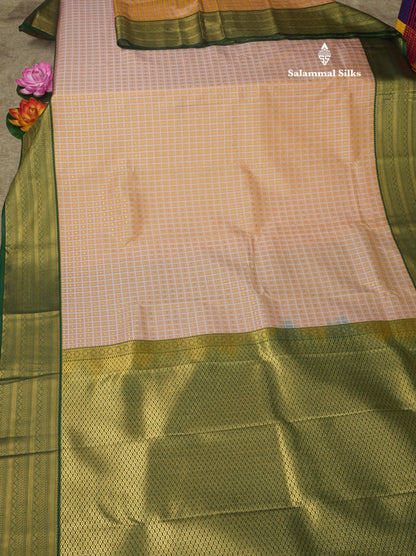 1000 Buttas Light Peach Semi Silk Saree With Contrast Bottle Green Border