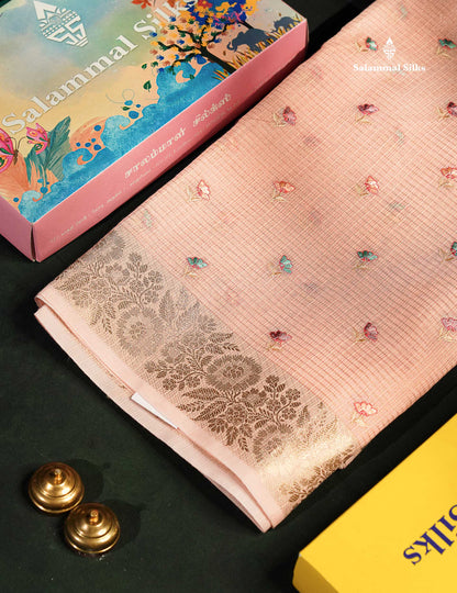 Beautiful Cream Green Embroidery Floral Design Kota Cotton  Mix Saree With Fancy Border