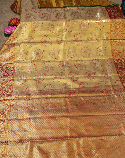 Gold Tissue Bridal Pure Kanjivaram Silk Saree With Contrast Tomato Red Border