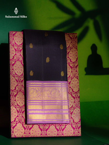 Korvai Beautiful Dark Violet Pure Kanjivaram Silk Saree With Contrast Light Pink Traditional Border