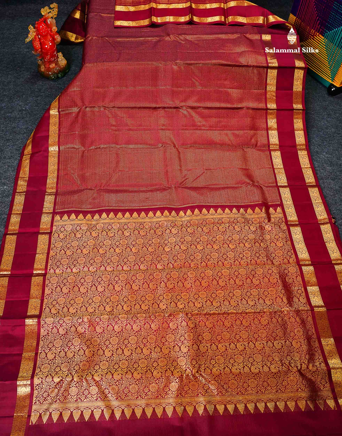 Pure Kanjivaram Silk Saree - Dark Maroon Tiny Zari Checks With Traditional Rettapet Gap Border