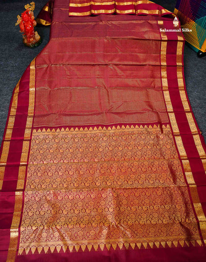 Pure Kanjivaram Silk Saree - Dark Maroon Tiny Zari Checks With Traditional Rettapet Gap Border