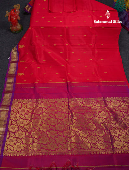 Beautiful Chilly Red Pure Kanjivaram Silk Saree With Contrast Violet Traditional One Side Border
