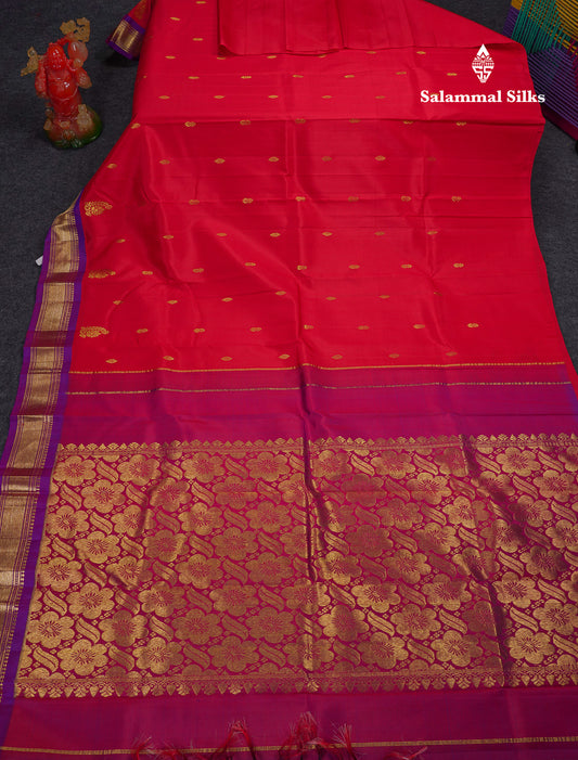 Beautiful Chilly Red Pure Kanjivaram Silk Saree With Contrast Violet Traditional One Side Border