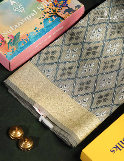 Beautiful Grey White Kota Cotton Fancy Saree With Contrast Cream Sandal Thread Work Border