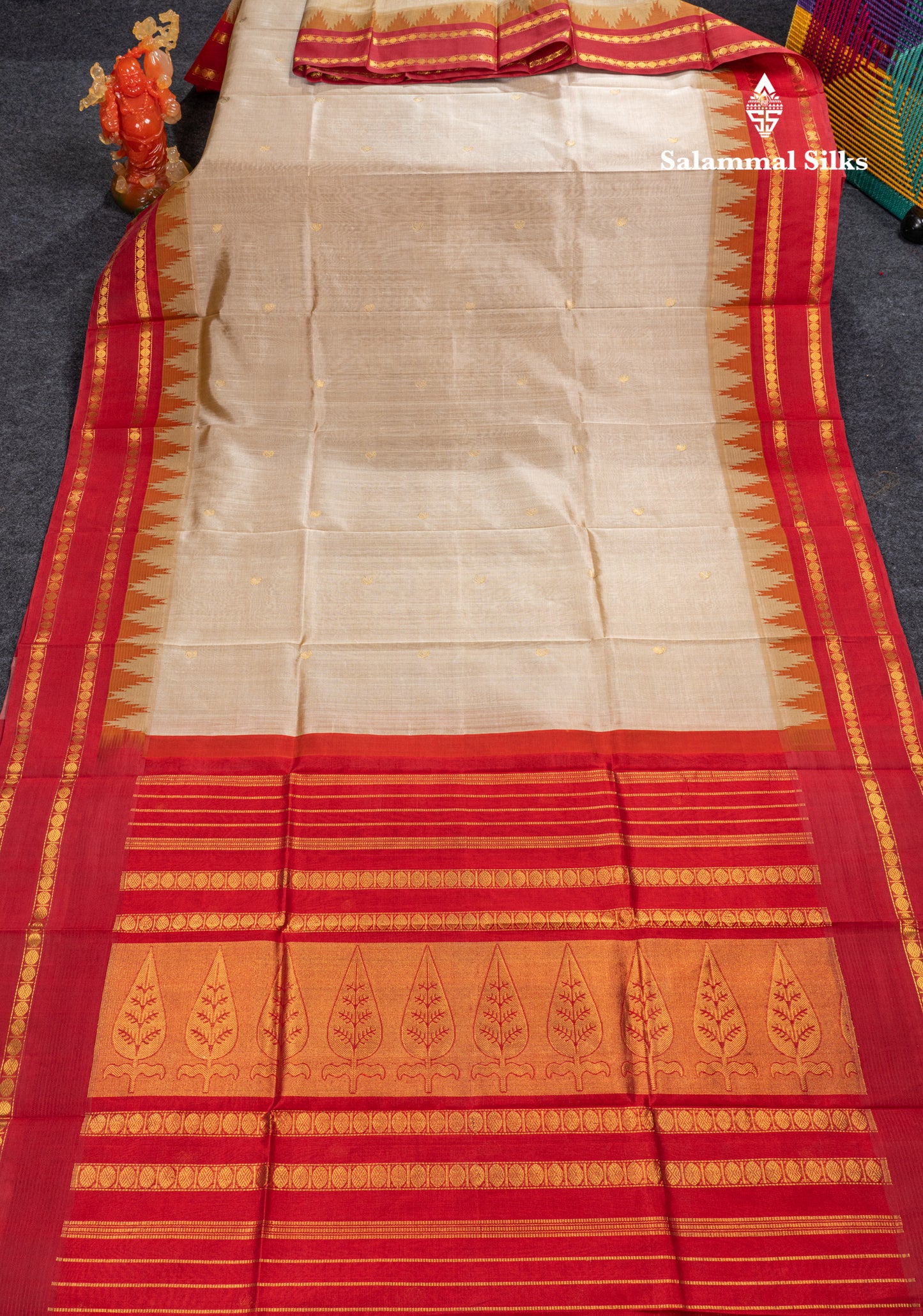 Sandal Pure Silk Cotton Saree With Contrast Violet Traditional Temple & Rettapet Border