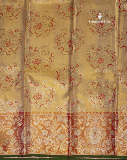 Gold Tissue Bridal Pure Kanjivaram Silk Saree With Contrast Tomato Red Border