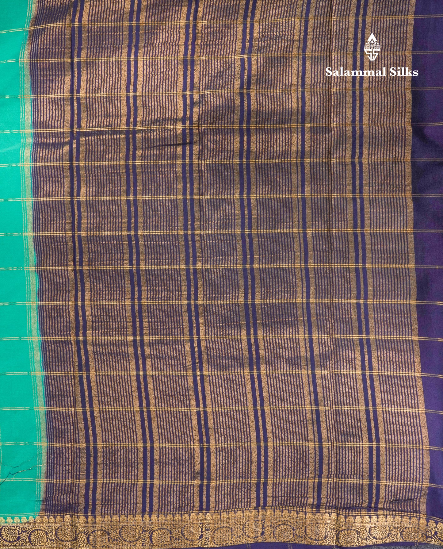 Sapphire Blue Semi Mysore Crepe Saree With Contrast Navy Blue Small Border