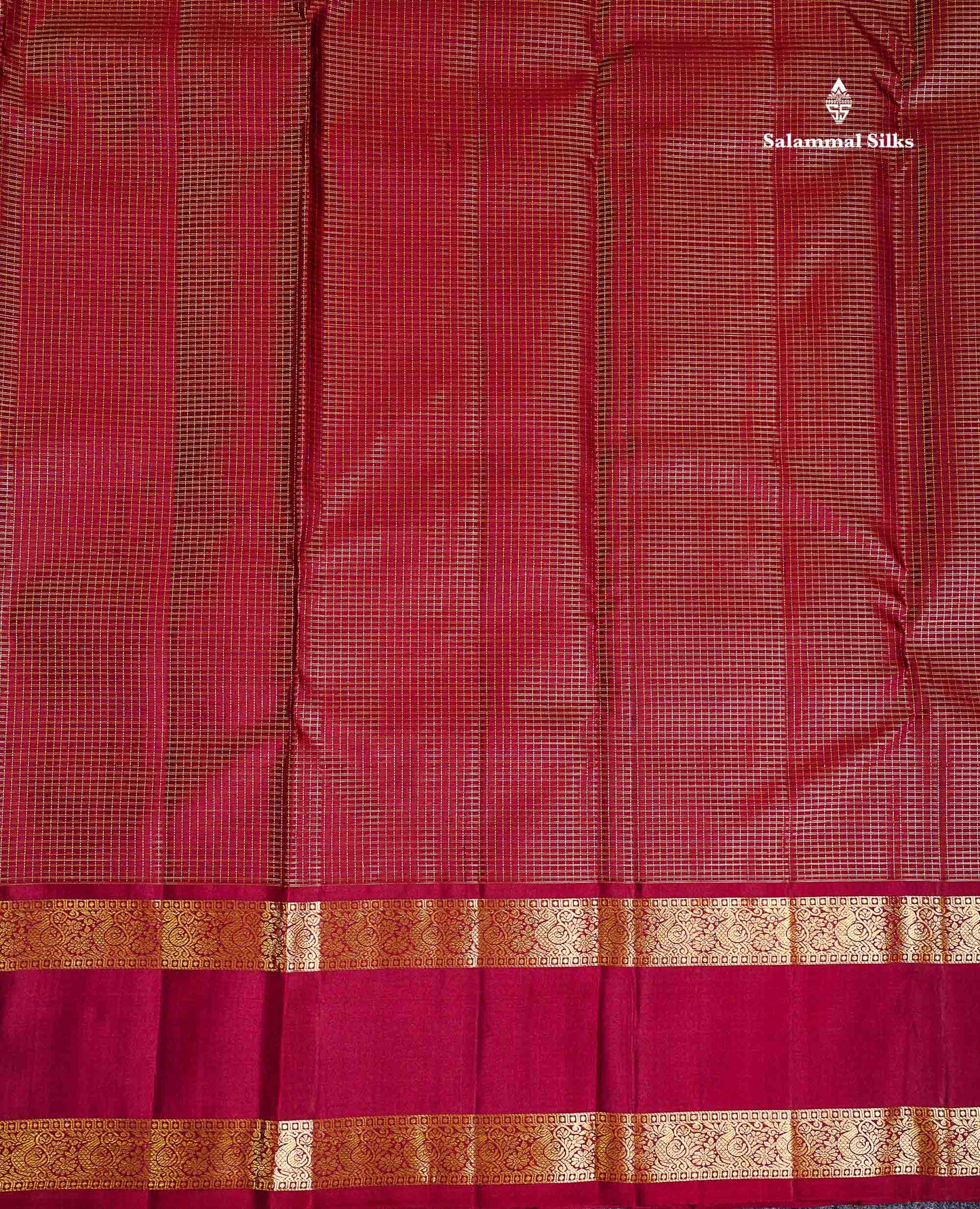Pure Kanjivaram Silk Saree - Dark Maroon Tiny Zari Checks With Traditional Rettapet Gap Border