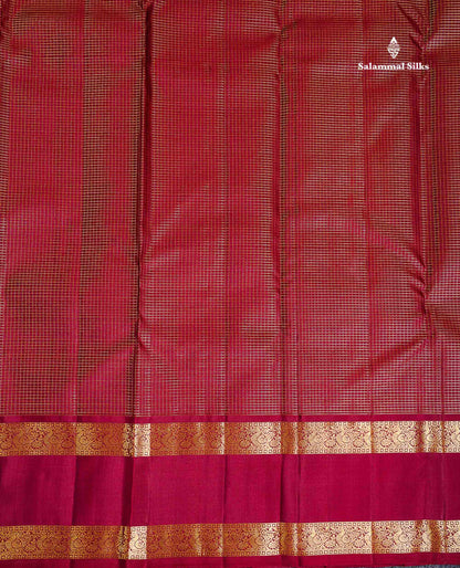Pure Kanjivaram Silk Saree - Dark Maroon Tiny Zari Checks With Traditional Rettapet Gap Border