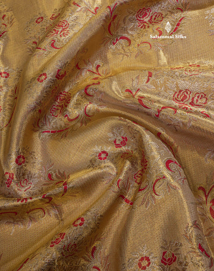 Gold Tissue Bridal Pure Kanjivaram Silk Saree With Contrast Tomato Red Border