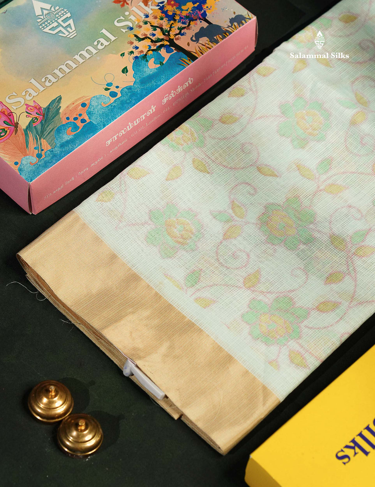Kota Cotton - Green White Fancy Saree Along With Contrast Cream Sandal Plain Border