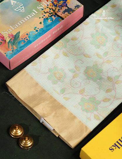 Kota Cotton - Green White Fancy Saree Along With Contrast Cream Sandal Plain Border