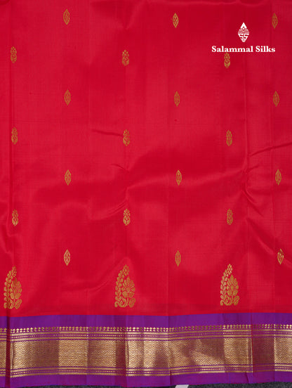 Beautiful Chilly Red Pure Kanjivaram Silk Saree With Contrast Violet Traditional One Side Border