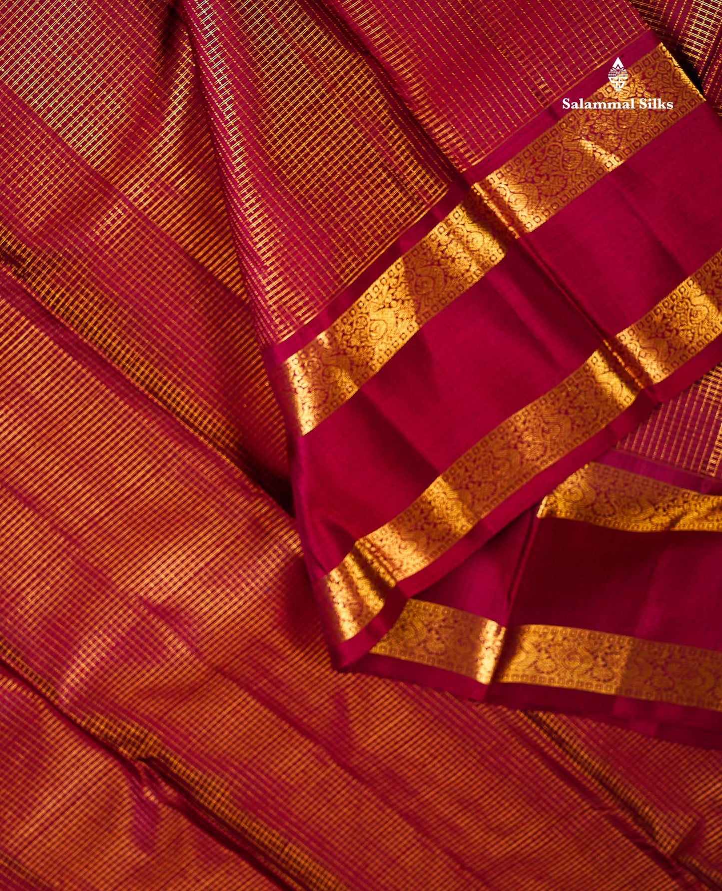 Pure Kanjivaram Silk Saree - Dark Maroon Tiny Zari Checks With Traditional Rettapet Gap Border