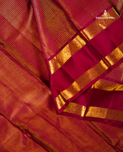 Pure Kanjivaram Silk Saree - Dark Maroon Tiny Zari Checks With Traditional Rettapet Gap Border
