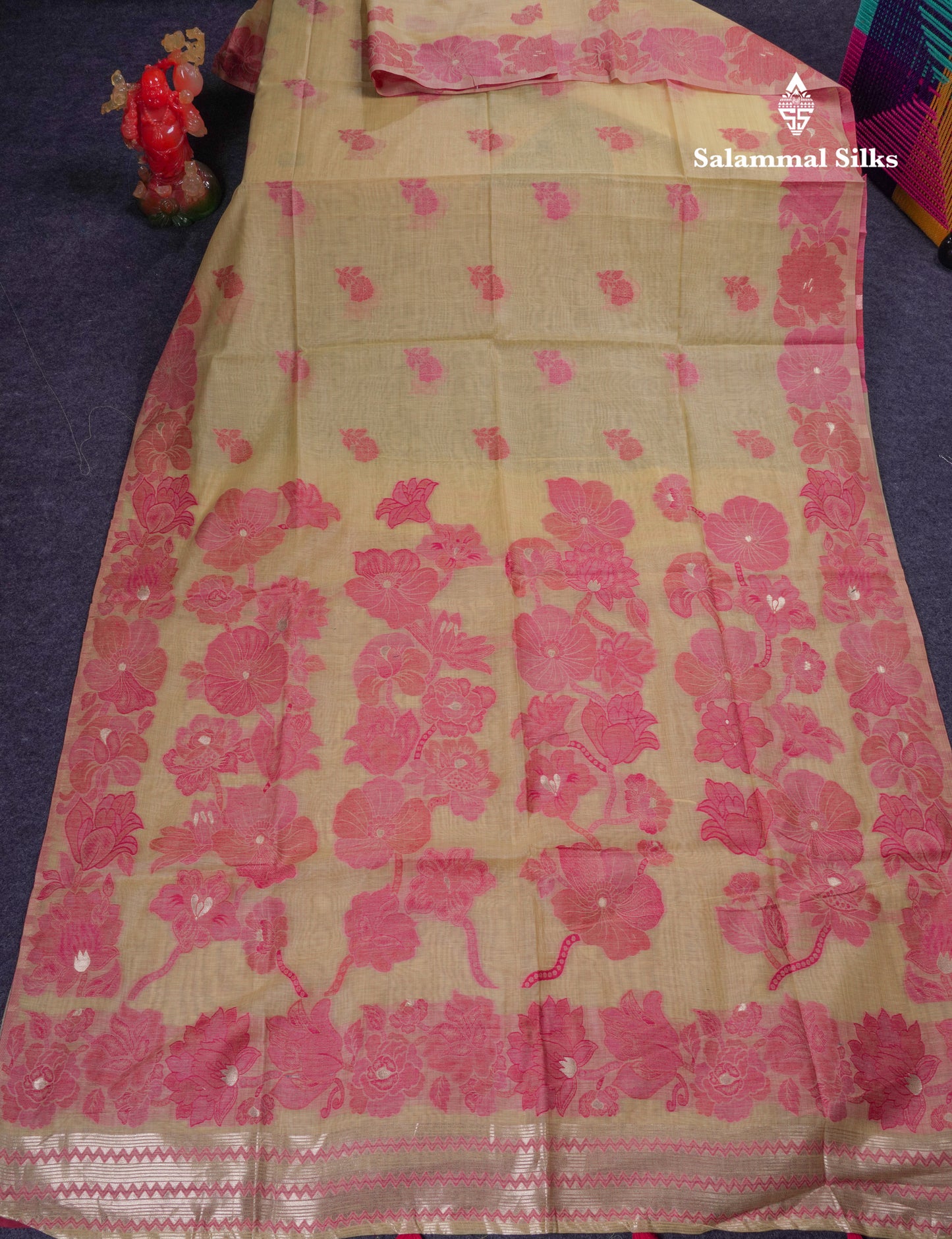 Beautiful Light Yellow Muga Cotton Saree With Contrast Light Red Blouse