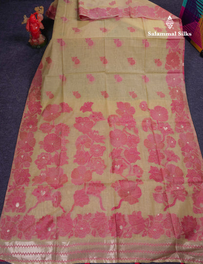 Beautiful Light Yellow Muga Cotton Saree With Contrast Light Red Blouse