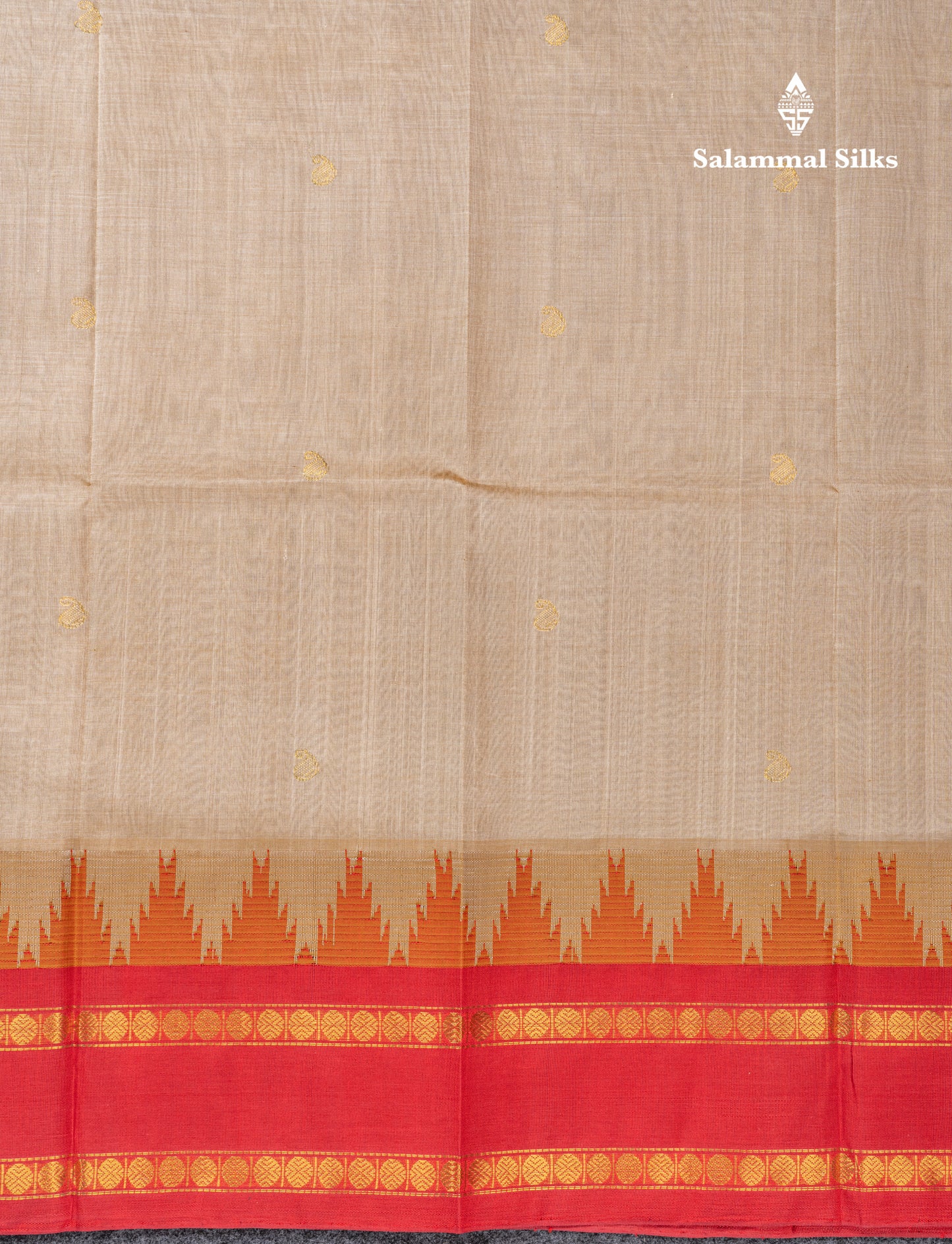 Sandal Pure Silk Cotton Saree With Contrast Violet Traditional Temple & Rettapet Border