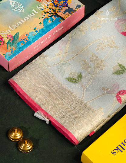 Cotton Mix Saree - Blueish Grey Meenakari Work Along With Fancy Border