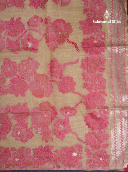 Beautiful Light Yellow Muga Cotton Saree With Contrast Light Red Blouse