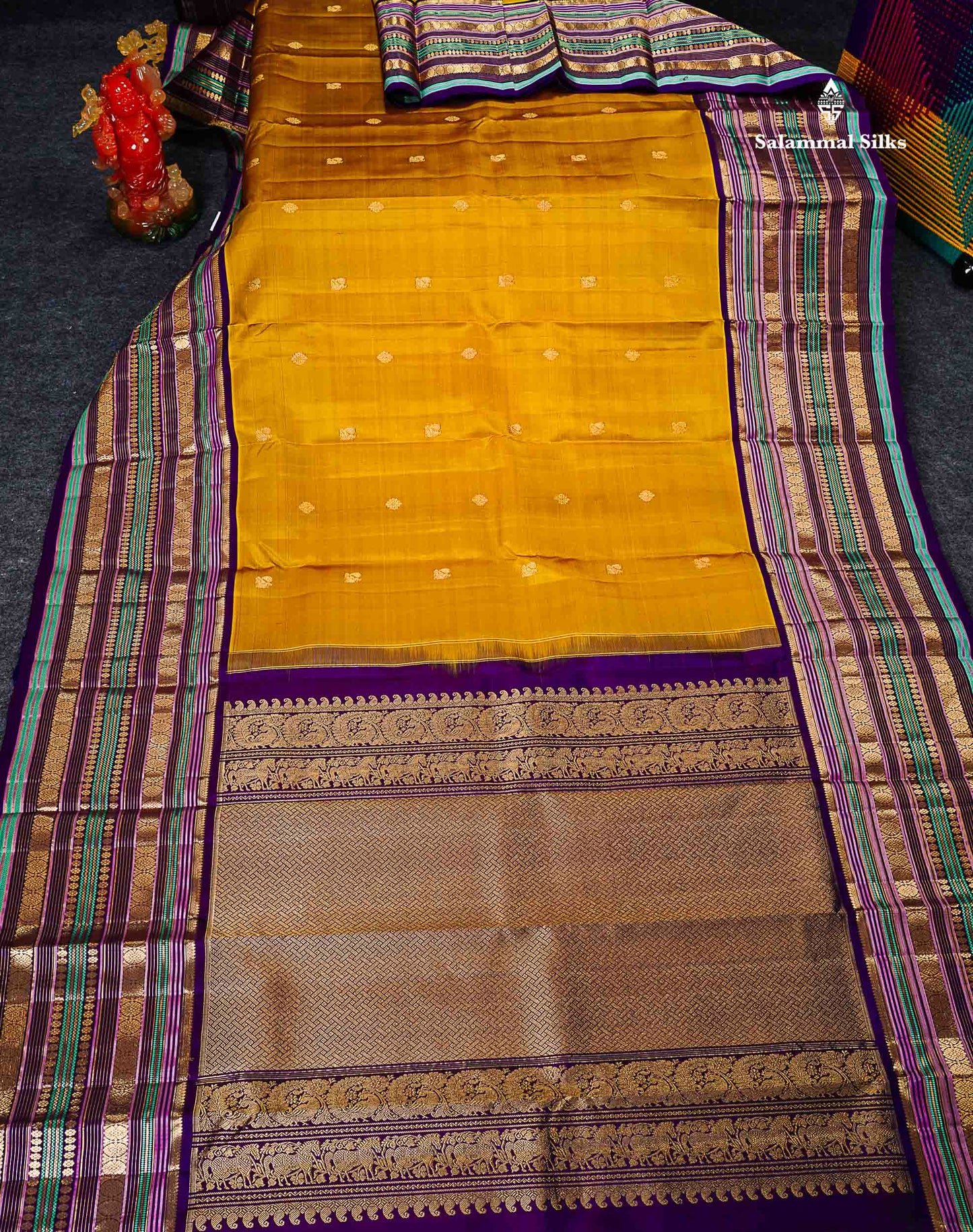 Pure Kanjivaram Silk Saree - Olive Mustard Yellow Zari Butta Along With Contrast Dark Purple Traditional Long Border