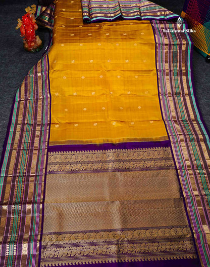 Pure Kanjivaram Silk Saree - Olive Mustard Yellow Zari Butta Along With Contrast Dark Purple Traditional Long Border