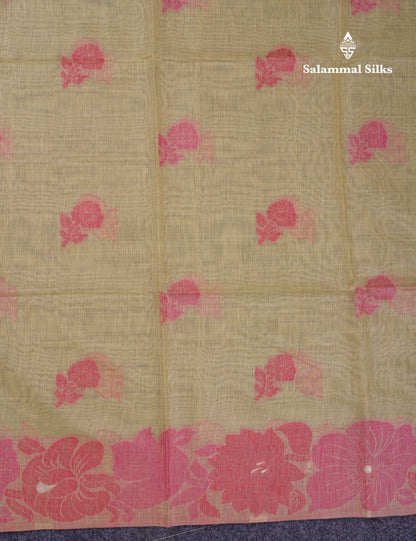 Beautiful Light Yellow Muga Cotton Saree With Contrast Light Red Blouse